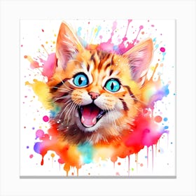 Cute Happy Colorful Kitten Watercolor Abstract 1 Canvas Print