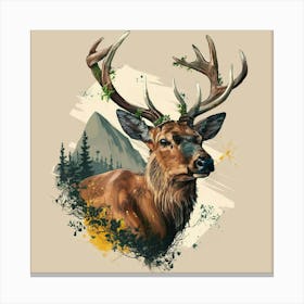 Deer. Captivating Stag Tattoo Design: Majestic Wildlife Art with Moss-Adorned Antlers, Wisdom-Gazing Eyes, and Nature-Inspired Background Canvas Print