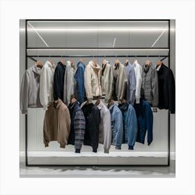 A rack of men's jackets and hoodies on a rack 2 Canvas Print