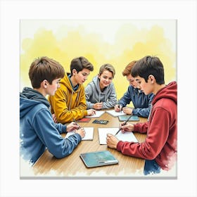 Romanian Students Studying In An English Setting, Watercolor Painting 1 Canvas Print