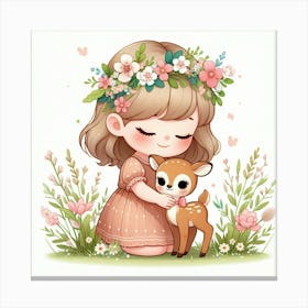Cute Little Girl With A Deer 3 Canvas Print