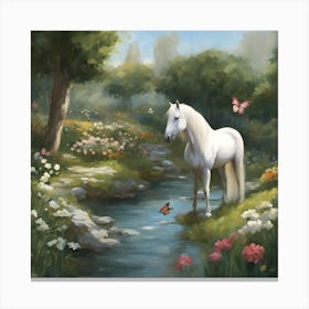 White Horse By The Stream Canvas Print