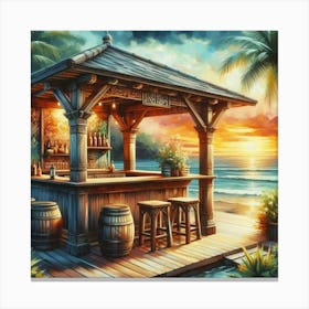 Sunset view on a wooden cafe on the seashore Canvas Print