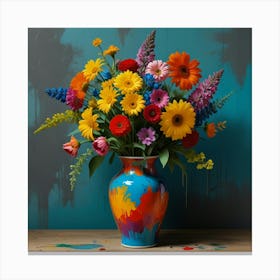 Brightly Colored Flowers In A Vase Canvas Print
