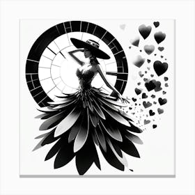 Elegant Female Figure In Dynamic Pose Surrounded By Hearts Canvas Print