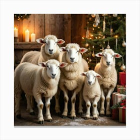 Sheep In Front Of Christmas Tree 1 Canvas Print