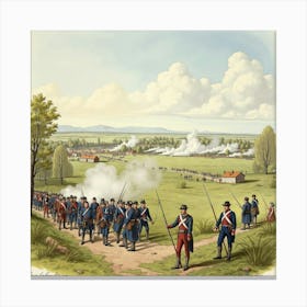 Historic Battlefield In Watercolor, With Reenactments And Period Uniforms Canvas Print