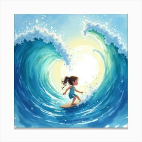 Little Girl Surfing A Wave Canvas Print