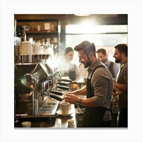 Barista Swiftly Spinning Pouring Water Into A Gleaming Espresso Machine Amidst Morning Rush In Bu (3) Canvas Print