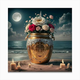A golden jar on beach under moonlight Canvas Print