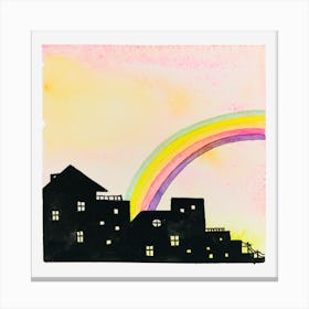 Watercolor, Buildings With Rainbows In The Sky Canvas Print