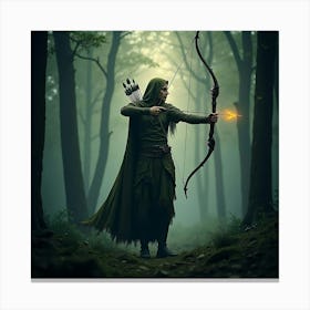 Elven Archer In An Ancient Forest With Glowing Arrows And Misty Background 1 Canvas Print