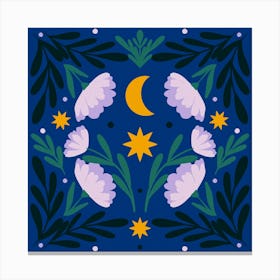 Stars Moon And Flowers - Starry Night Canvas Print