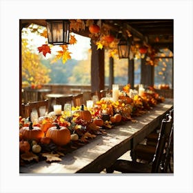 Autumn Table Decor Sprawling Across A Rustic Wooden Table Scattered Bright Orange Pumpkins Accompan 2 1 Canvas Print