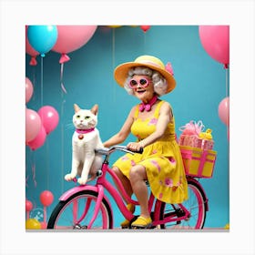 Grandma And Her Pet Cat On Bicycle Canvas Print