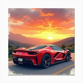 A Sleek Ferrari Under A Sunset Sky In Watercolor With A Mountain Backdrop 1 1 Canvas Print