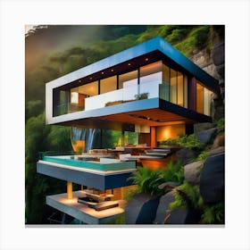 Modern House On The Edge Of A Waterfall Canvas Print