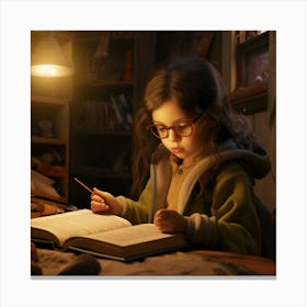 Little Girl Reading A Book Canvas Print