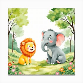 Cartoon Lion And Elephant In The Forest Canvas Print