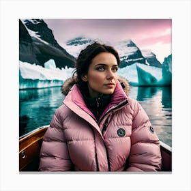 Woman in down jacket riding a boat, polar region, iceberg Canvas Print