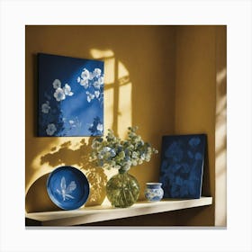Blue Flowers On A Shelf Canvas Print
