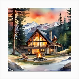 Watercolor Cabin In The Mountains Canvas Print