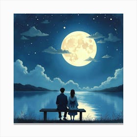 Japanese Couple Sitting On A Bench Under A Full Moon, With The Night Sky Reflecting On Water, Watercolor Canvas Print