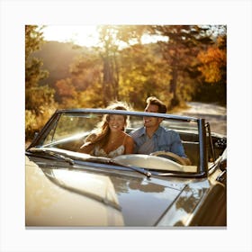 Couple Smiles Brimming Bask In The Sun Driving A Vintage Convertible Winding Road Snaking Throug (4) Canvas Print