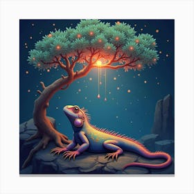 A Dreamy Iguana With Iridescent Scales Basking Under A Magical, Glowing Tree 1 Canvas Print