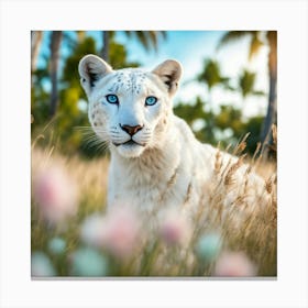 Pure White Snow Lepord Deep Blue Eyes Looking At Camera Walking Through A Field Of Flowers, Pettles Long Grass 1 Canvas Print