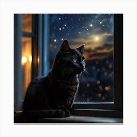 Cat Looking Out The Window At Night Canvas Print
