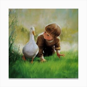 Little Boy And Duck Canvas Print