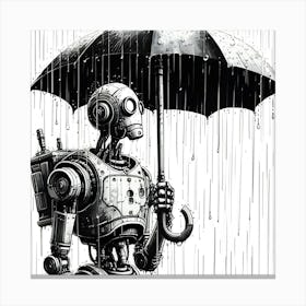 Robot Holding An Umbrella In The Rain, Ink Drawing 3 Canvas Print