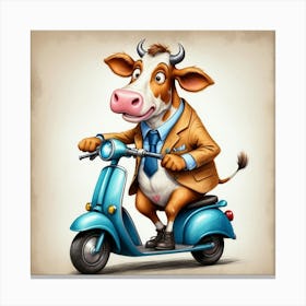 Cow On A Scooter 3 Canvas Print