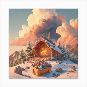 Mountain village snow wooden huts 1 Canvas Print