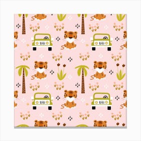 Cute Tiger Car Safari Seamless Pattern Canvas Print