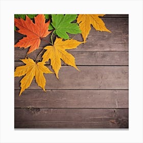 Autumn Leaves On Wooden Background Canvas Print