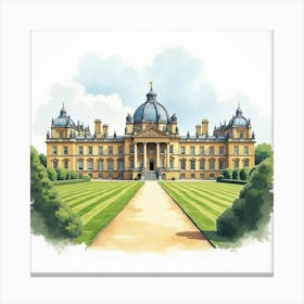 Watercolor View Of The Blenheim Palace In Oxfordshire, Featuring Its Majestic Architecture And Extensive Grounds Canvas Print