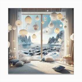 Winter Wonderland with sea and rocks view panoramic window and lots of lamps Canvas Print