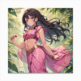 A girl having black hair and black eyes, wearing pink saree. Canvas Print