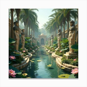 Enchanted Garden With Egyptian Statues, Palm Trees, And Lotus Flowers 1 Canvas Print