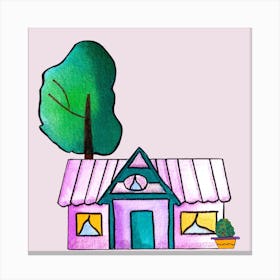 Purple Cute House Square Canvas Print