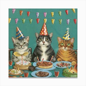Feline Fiesta Print Art Depict A Hilarious Cat Party Featuring Feline Friends Wearing Party Hats, Playing Musical Mice, And Enjoying A Feast Of Fish And Treats Canvas Print