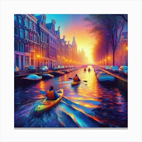 Into The Water A Kayaking Adventure Through Amsterdam S Canals At Dawn Style Neon Urban Impressionism (3) Canvas Print