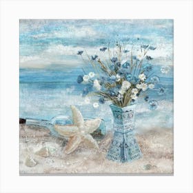 Blue Flowers On The Beach Wall Art for Bathroom Decor: Blue Beach Picture with Ocean Theme Modern Coastal Seascape Painting with Floral Canvas Print and Framed Seaside Artwork Indian vase with flower daisy for Home Sea Lake Canvas Print