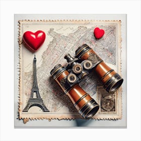 Firefly A Paris, France Vintage Travel Flatlay, Binoculars, Small Red Heart, Map, Stamp, Flight, Air Canvas Print