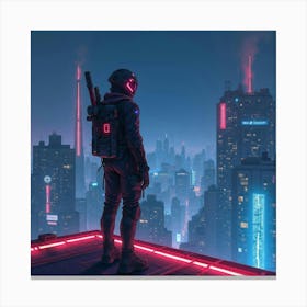 Cybernetic Warrior Standing On A Neon Lit Rooftop At Night, Watercolor 1 Canvas Print