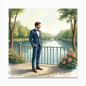 Sophisticated Man In Watercolor Suit, Romantic Riverside View 1 Canvas Print