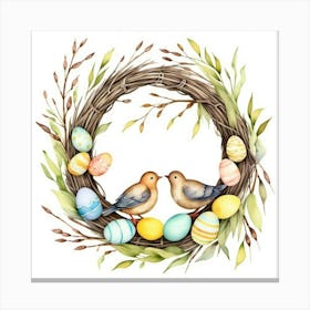 Easter Wreath With Two Birds In Love, Leaves And Dyed Eggs In A Watercolor Painting Style Toile