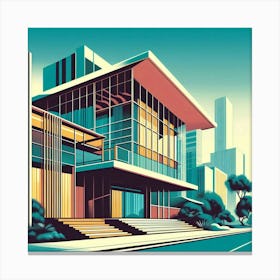 Graphic Illustration Of Mid Century Architecture With Sleek Lines And Vibrant Colors, Style Graphic Design 3 Canvas Print